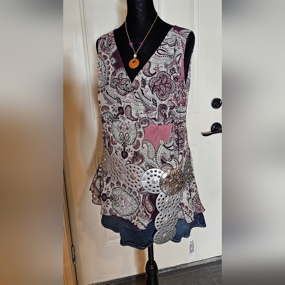 Vtg Fashion Bug Plus 18W Sheer Paisley V-Neck Sleeveless Tunic